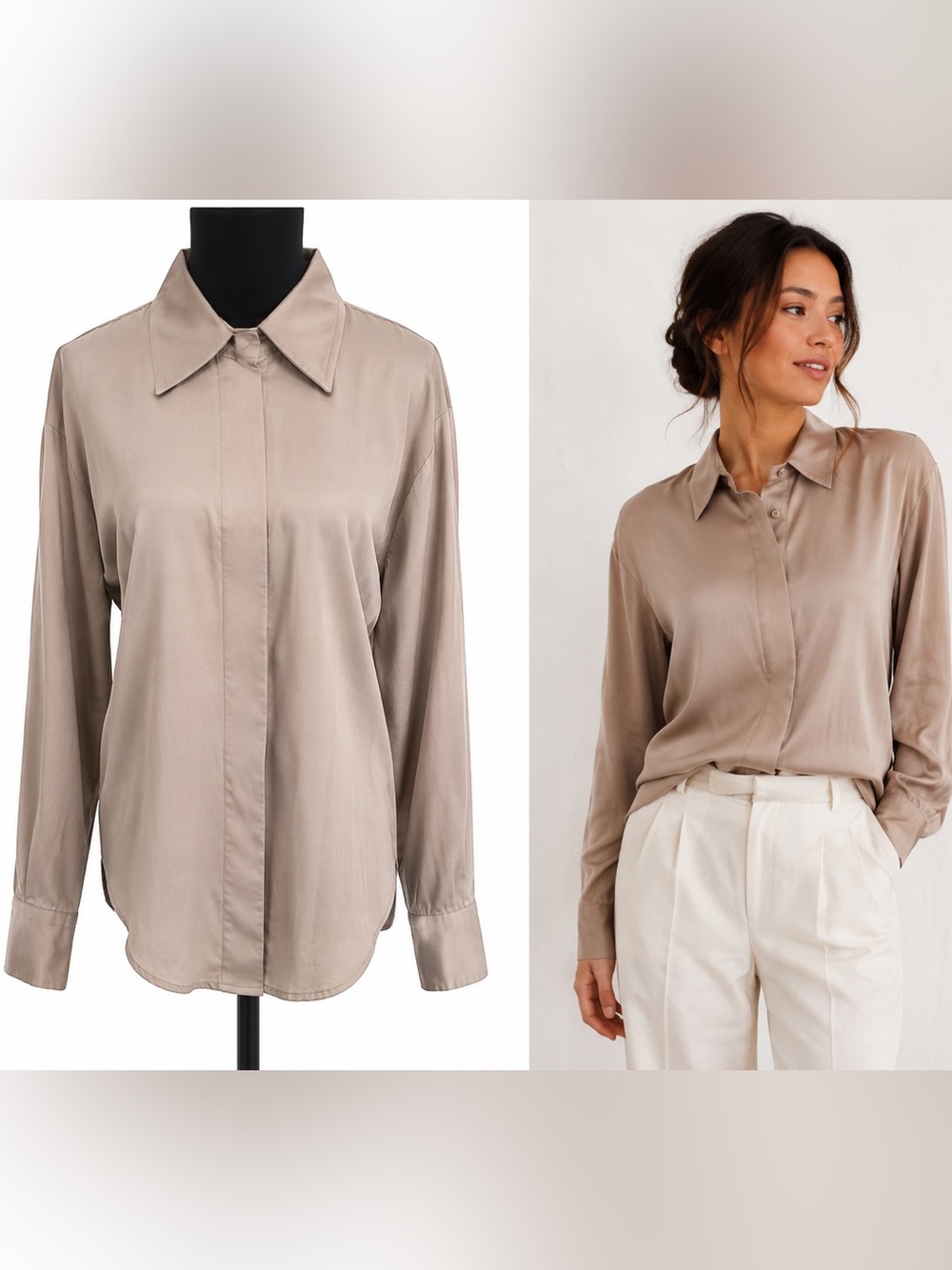 Tess 100% Silk Taupe Hidden Button Blouse Size 8